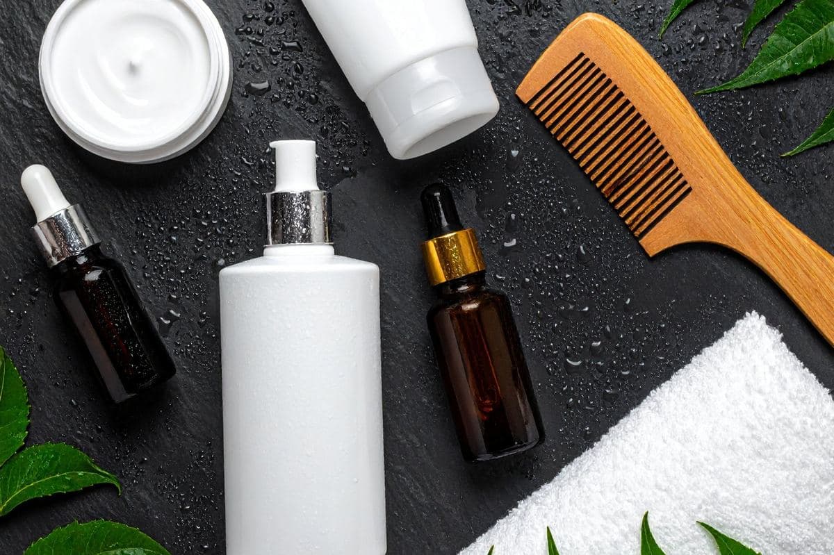 Flat lay of unbranded grooming products