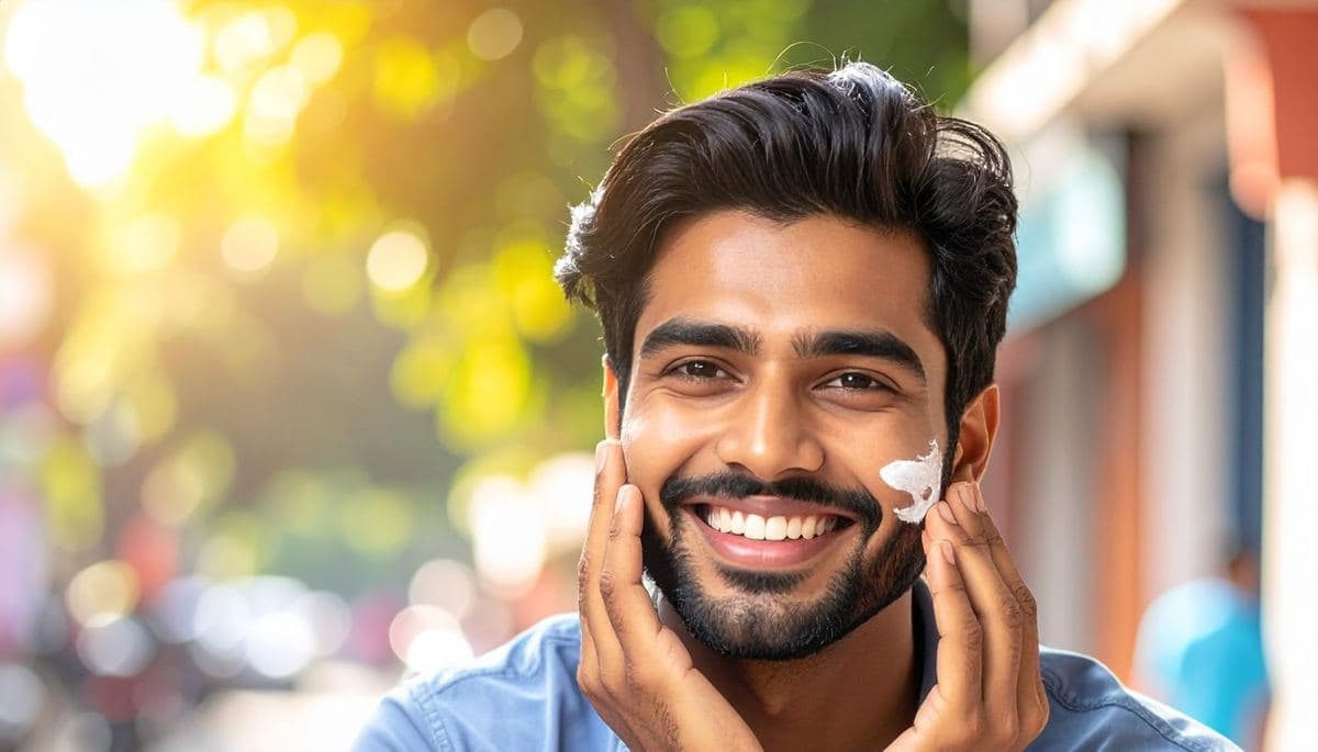 Indian man applying sunscreen outdoors